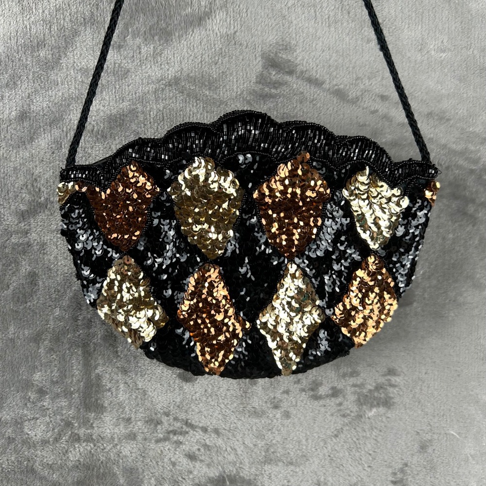 La Regale Vintage Beaded Sequin Diamond Evening Bag Black Gold Bronze Hand Made